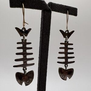 Sterling Silver Mexico Fish Bone Skeleton Dangle Hook Earrings 925 Marked